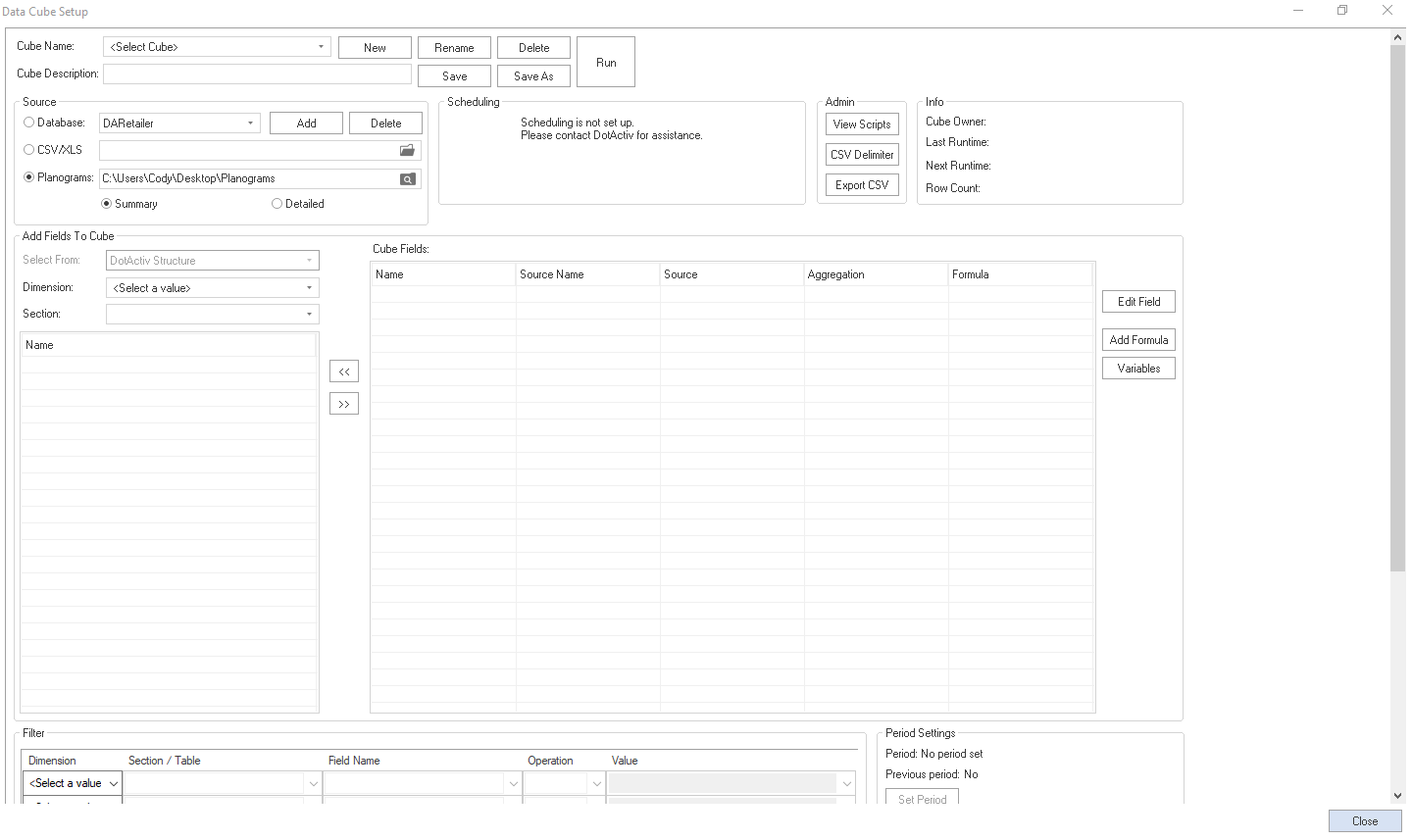 Data Cube Setup Window