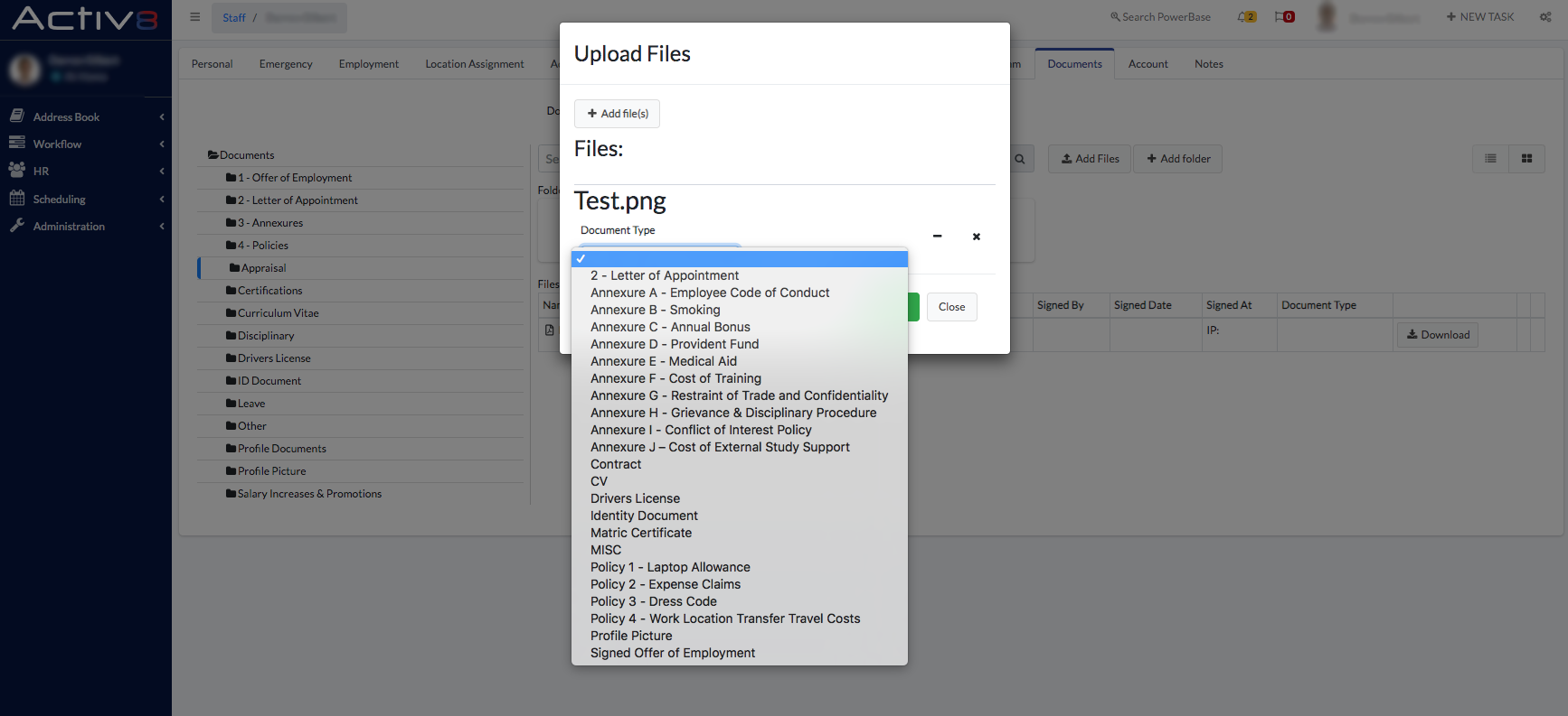 Upload Files and Document Type - Activ8